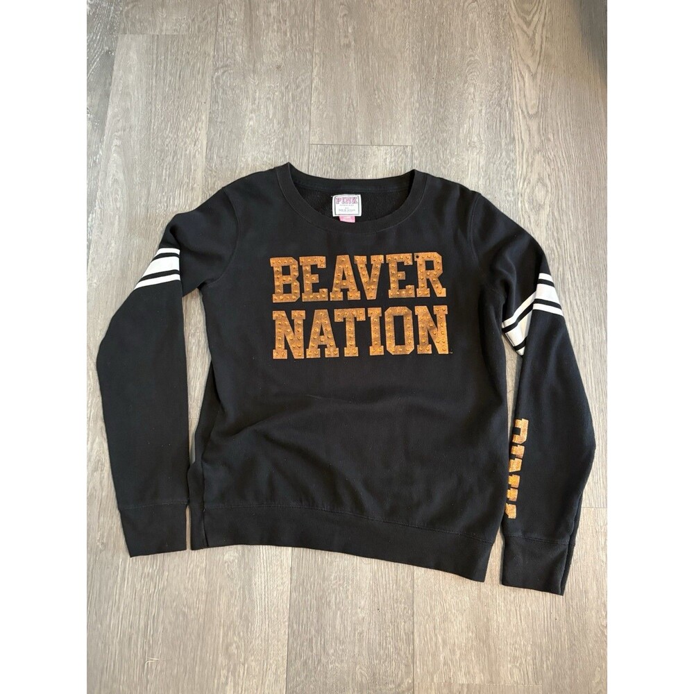 Pink by Victoria Secret Beaver Nation Womens Black Sweater Sz L Oregon State OSU